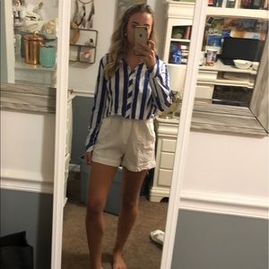 Blue and white striped button down shirt
